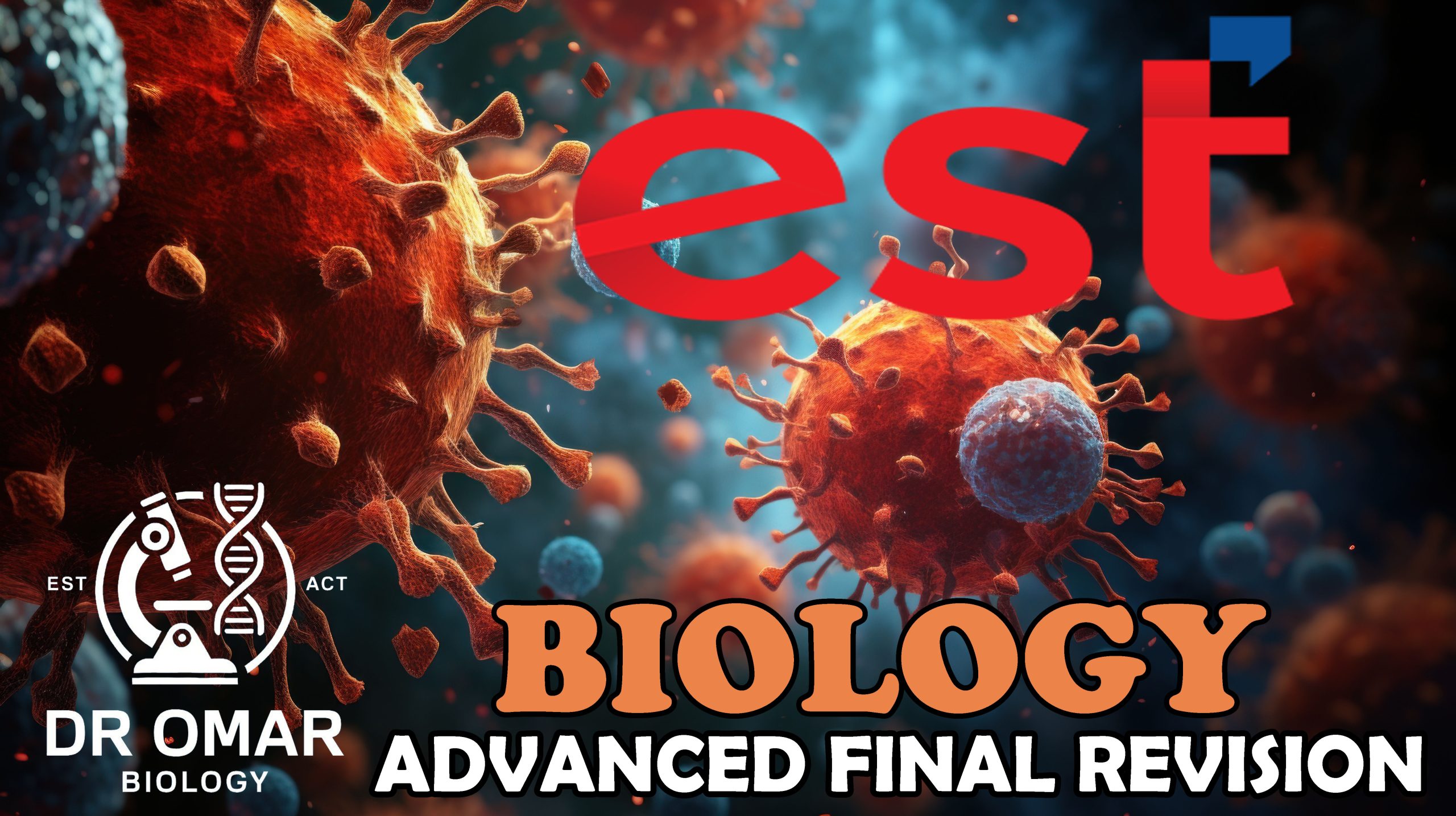 Viruses highlighted by blue and red hues float in  cellular spac