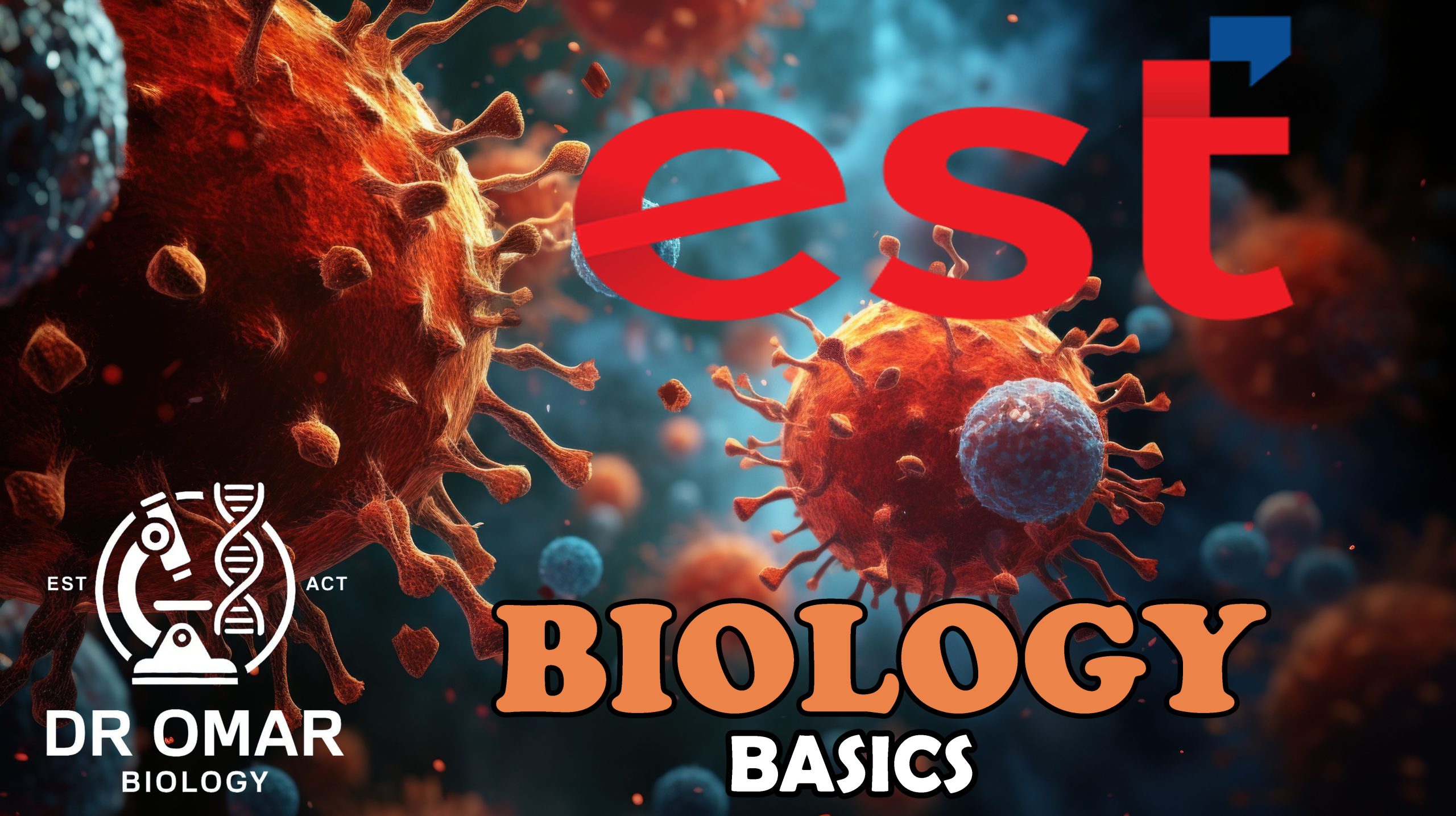 Viruses highlighted by blue and red hues float in  cellular spac