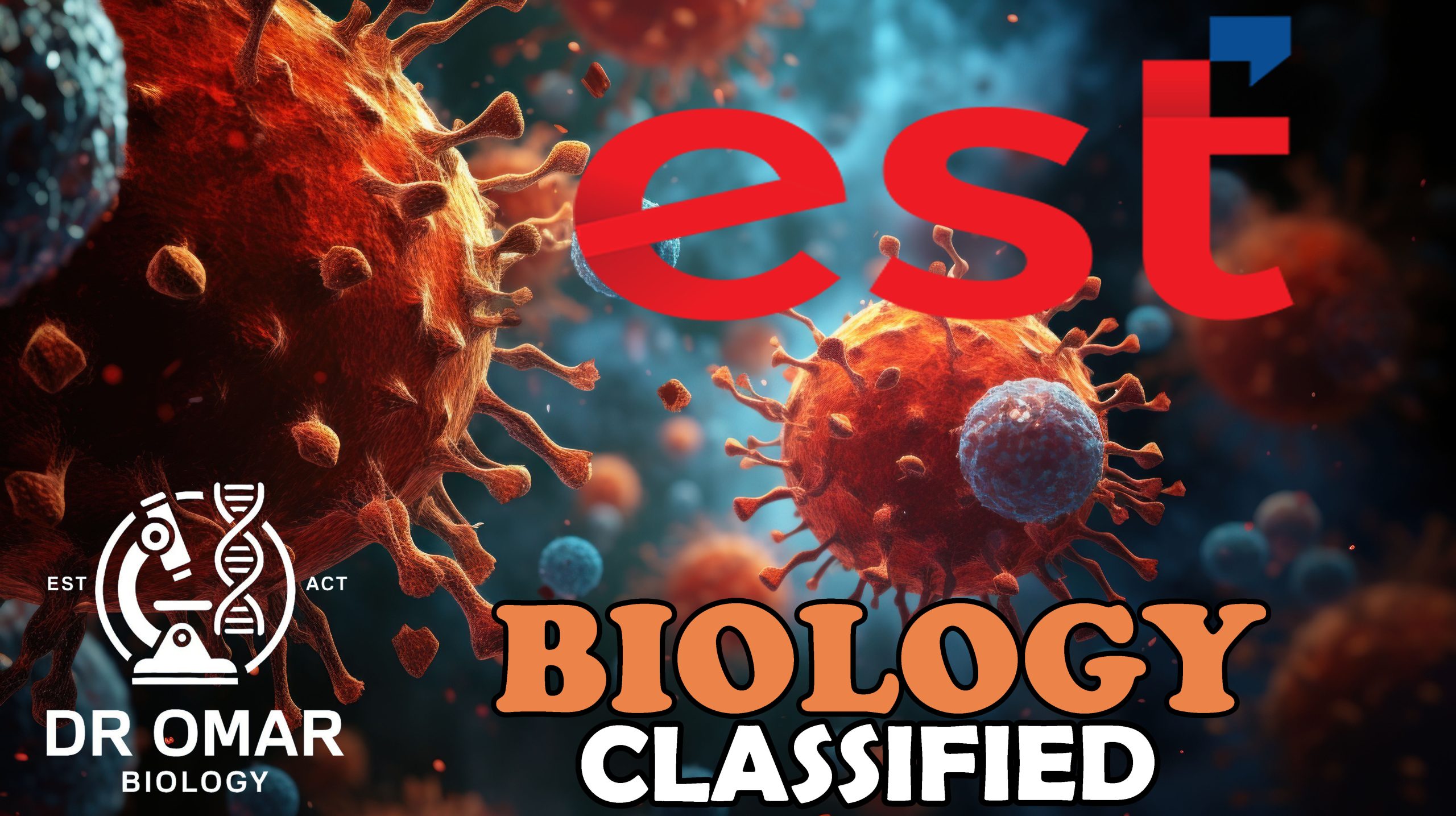 Viruses highlighted by blue and red hues float in  cellular spac